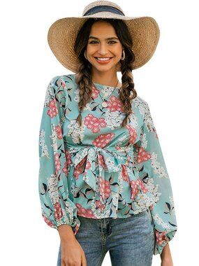 Simplee Floral Tie Back Blouse with Puff Sleeve